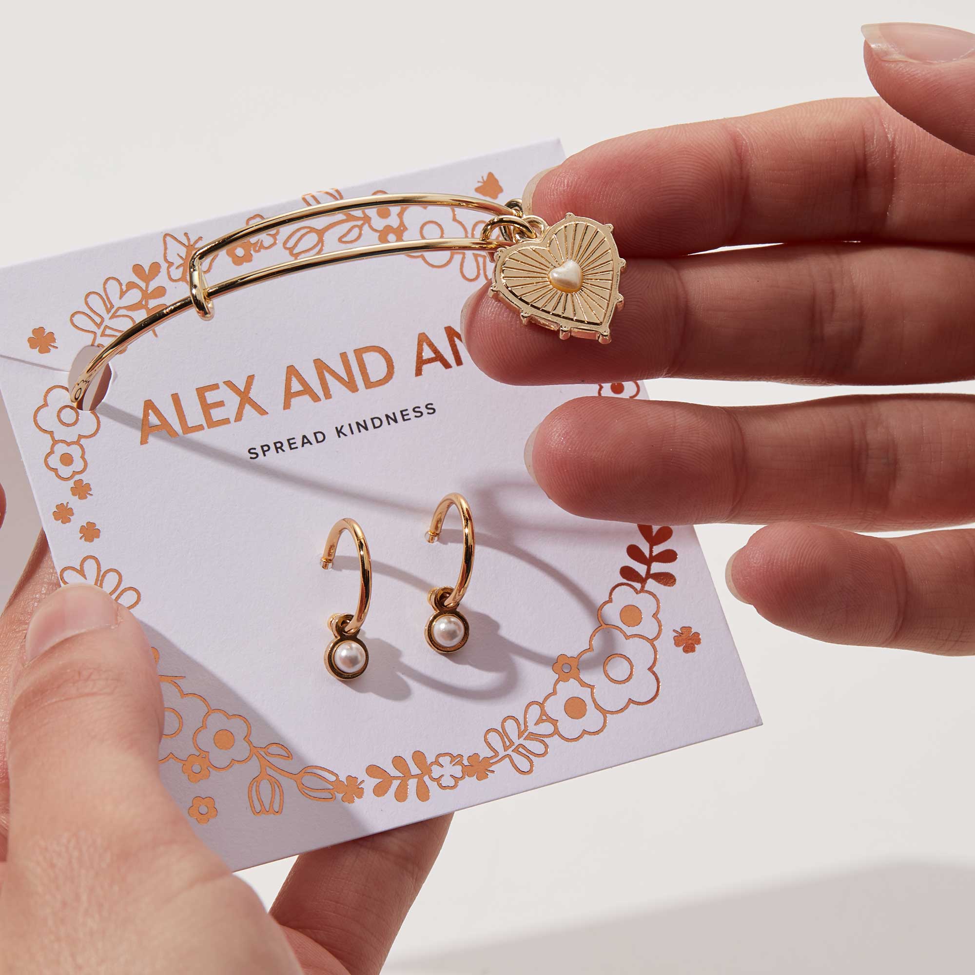 Pearl Heart Charm Bangle + Hoop Earring Set