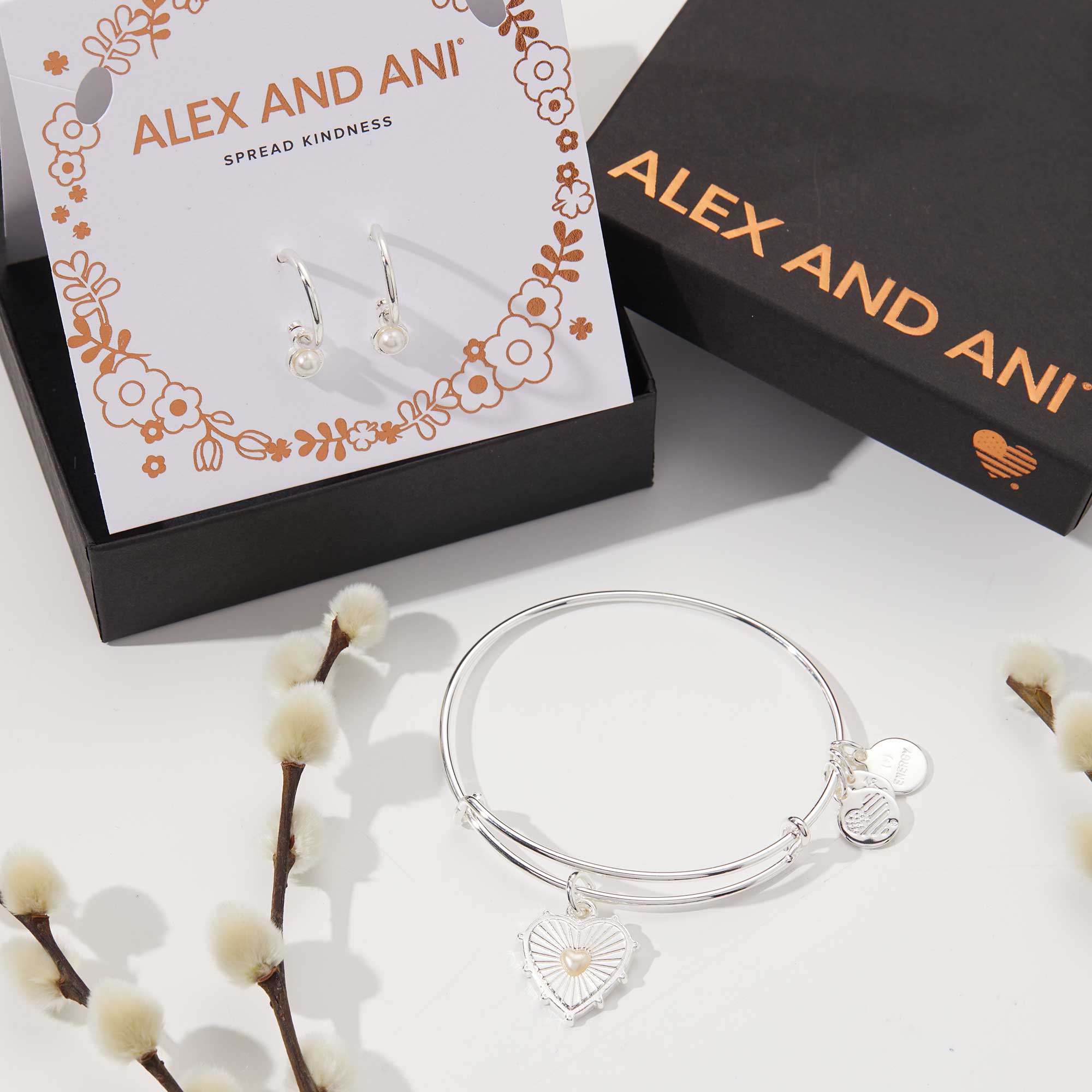 Pearl Heart Charm Bangle + Hoop Earring Set