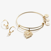 Pearl Heart Charm Bangle + Hoop Earring Set