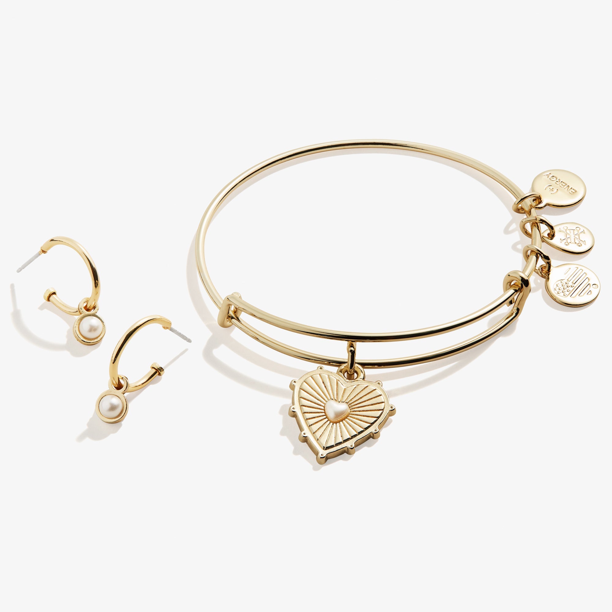 Pearl Heart Charm Bangle + Hoop Earring Set