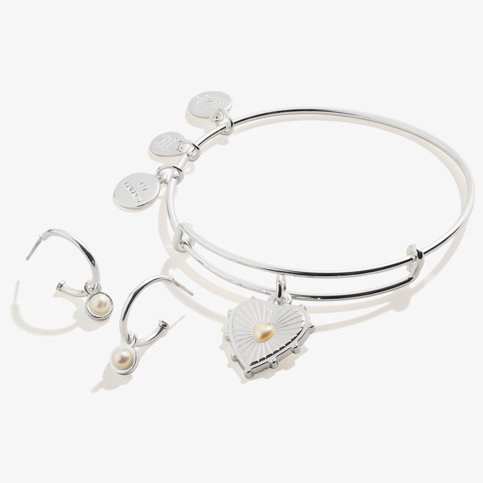 Pearl Heart Charm Bangle + Hoop Earring Set